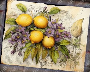 Scrapbooking Kit with Watercolor Lilac and Lemons, Vintage Lemons Design, Digital Collage Sheet, Junk Journal Pages, Invitations, Journaling