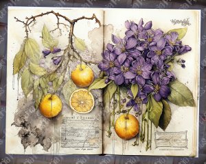 Scrapbooking Kit with Watercolor Lilac and Lemons, Vintage Lemons Design, Digital Collage Sheet, Junk Journal Pages, Invitations, Journaling