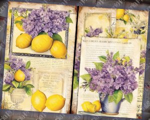 Scrapbooking Kit with Watercolor Lilac and Lemons, Vintage Lemons Design, Digital Collage Sheet, Junk Journal Pages, Invitations, Journaling