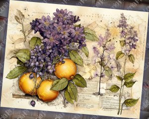 Scrapbooking Kit with Watercolor Lilac and Lemons, Vintage Lemons Design, Digital Collage Sheet, Junk Journal Pages, Invitations, Journaling