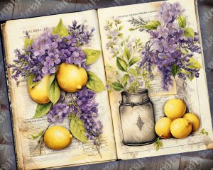 Scrapbooking Kit with Watercolor Lilac and Lemons, Vintage Lemons Design, Digital Collage Sheet, Junk Journal Pages, Invitations, Journaling