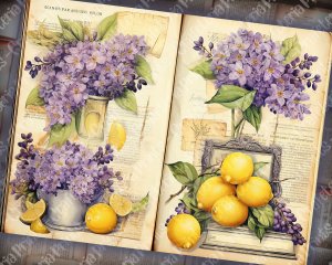 Scrapbooking Kit with Watercolor Lilac and Lemons, Vintage Lemons Design, Digital Collage Sheet, Junk Journal Pages, Invitations, Journaling