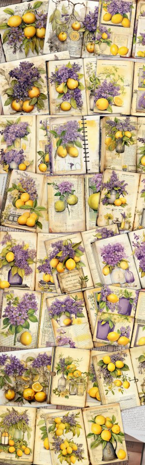 Scrapbooking Kit with Watercolor Lilac and Lemons, Vintage Lemons Design, Digital Collage Sheet, Junk Journal Pages, Invitations, Journaling