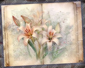 Fairy Tale Watercolor Pastel Lilies Junk Journal Background, Printable Digital Junk Journal, Nature Journal Paper, Floral Background