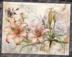 Fairy Tale Watercolor Pastel Lilies Junk Journal Background, Printable Digital Junk Journal, Nature Journal Paper, Floral Background