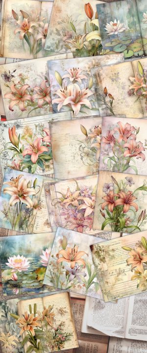 Fairy Tale Watercolor Pastel Lilies Junk Journal Background, Printable Digital Junk Journal, Nature Journal Paper, Floral Background