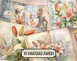 Fairy Tale Watercolor Pastel Lilies Junk Journal Background, Printable Digital Junk Journal, Nature Journal Paper, Floral Background