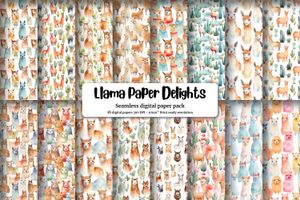 Watercolor Llama Digital Paper Seamless Texture Pack - 24 Unique Designs for Scrapbooking, Crafts, and DIY Projects - Instant Download