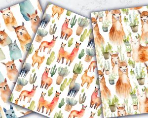 Watercolor Llama Digital Paper Seamless Texture Pack - 24 Unique Designs for Scrapbooking, Crafts, and DIY Projects - Instant Download