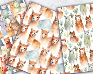 Watercolor Llama Digital Paper Seamless Texture Pack - 24 Unique Designs for Scrapbooking, Crafts, and DIY Projects - Instant Download