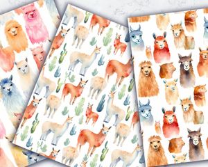 Watercolor Llama Digital Paper Seamless Texture Pack - 24 Unique Designs for Scrapbooking, Crafts, and DIY Projects - Instant Download