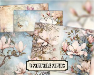 Watercolor Pastel Magnolia Junk Journal Background, Fairy Collage Printable, Floral Nature Journal Paper, Muted Colors Invitation Design