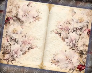 Watercolor Floral Magnolias Lined Paper Scrapbook Pages, Vintage Flowers Wallpaper for Junk Journal, High Quality and Detailed Ephemera