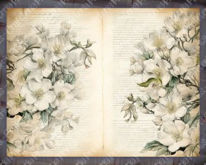 Watercolor Floral Magnolias Lined Paper Scrapbook Pages, Vintage Flowers Wallpaper for Junk Journal, High Quality and Detailed Ephemera