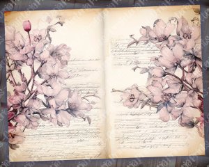 Watercolor Floral Magnolias Lined Paper Scrapbook Pages, Vintage Flowers Wallpaper for Junk Journal, High Quality and Detailed Ephemera