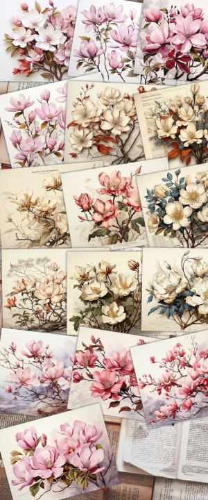 Watercolor Magnolias Themed Wallpaper for Junk Journal | High Quality Vintage Flowers Digital Paper | Printable Kit for Invitations