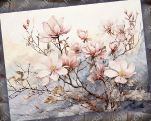 Watercolor Pastel Magnolias Junk Journal Background, Fairy Collage Printable, Floral Nature Journal Paper, Muted Colors Invites