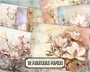 Watercolor Pastel Magnolias Junk Journal Background, Fairy Collage Printable, Floral Nature Journal Paper, Muted Colors Invites