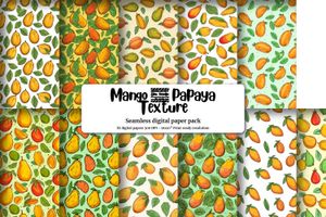 Cute Watercolor Mango & Papaya Clipart Set | Seamless Texture | Doodle Style | Hand Drawn Vector | Big Elements | Vivid Colors