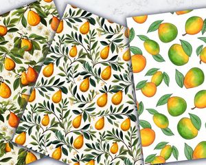 Mango Clipart Digital Pattern Paper with Cute Watercolor Illustration, Seamless Texture, Big Elements, Light Background - High Quality