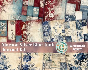 22 papers | Maroon and Silver Blue and White Grunge Junk Journal Kit Printable Paper Book Digital Ephemera Vintage Scrapbooking Papers