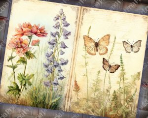 17 Pages of Meadow and Wild Flowers Shabby Chic Ephemera Background Double Pages Scrapbook Paper for Invitations, Digital Planners