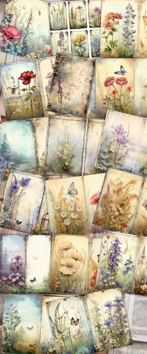 17 Pages of Meadow and Wild Flowers Shabby Chic Ephemera Background Double Pages Scrapbook Paper for Invitations, Digital Planners