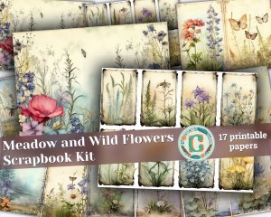 17 Pages of Meadow and Wild Flowers Shabby Chic Ephemera Background Double Pages Scrapbook Paper for Invitations, Digital Planners