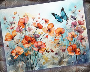 16 Pages of Meadow Fauna and Wild Flowers, Vivid Colors, Shabby Chic Ephemera, Scrapbooking Background, Watercolor Illustration