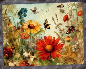 16 Pages of Meadow Fauna and Wild Flowers, Vivid Colors, Shabby Chic Ephemera, Scrapbooking Background, Watercolor Illustration