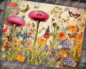 16 Pages of Meadow Fauna and Wild Flowers, Vivid Colors, Shabby Chic Ephemera, Scrapbooking Background, Watercolor Illustration