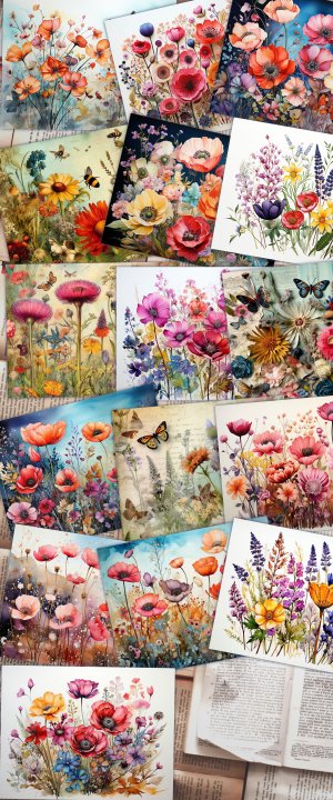 16 Pages of Meadow Fauna and Wild Flowers, Vivid Colors, Shabby Chic Ephemera, Scrapbooking Background, Watercolor Illustration