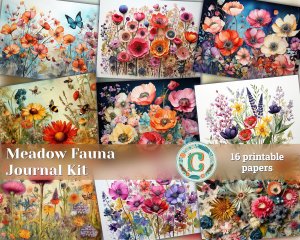 16 Pages of Meadow Fauna and Wild Flowers, Vivid Colors, Shabby Chic Ephemera, Scrapbooking Background, Watercolor Illustration