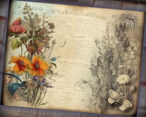 26 pages of Meadow Fauna and Wild Flowers, vivid colors, shabby chic ephemera, scrabooking background, perfect for invitations