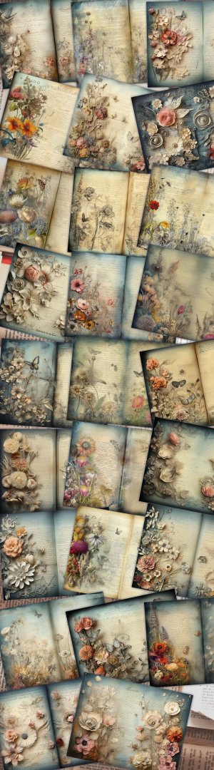 26 pages of Meadow Fauna and Wild Flowers, vivid colors, shabby chic ephemera, scrabooking background, perfect for invitations