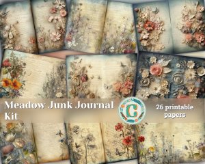 26 pages of Meadow Fauna and Wild Flowers, vivid colors, shabby chic ephemera, scrabooking background, perfect for invitations