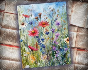 12 pages of Meadow Fauna and Wild Flowers vivid colors shabby chic ephemera, scrapbooking background, watercolor illustration