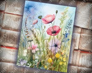 12 pages of Meadow Fauna and Wild Flowers vivid colors shabby chic ephemera, scrapbooking background, watercolor illustration