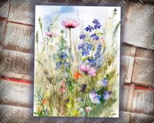 12 pages of Meadow Fauna and Wild Flowers vivid colors shabby chic ephemera, scrapbooking background, watercolor illustration