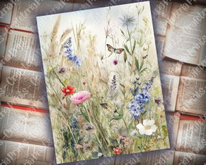 12 pages of Meadow Fauna and Wild Flowers vivid colors shabby chic ephemera, scrapbooking background, watercolor illustration