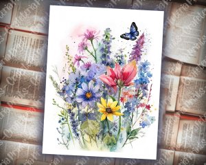 12 pages of Meadow Fauna and Wild Flowers vivid colors shabby chic ephemera, scrapbooking background, watercolor illustration