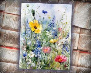 12 pages of Meadow Fauna and Wild Flowers vivid colors shabby chic ephemera, scrapbooking background, watercolor illustration