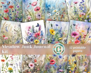 12 pages of Meadow Fauna and Wild Flowers vivid colors shabby chic ephemera, scrapbooking background, watercolor illustration