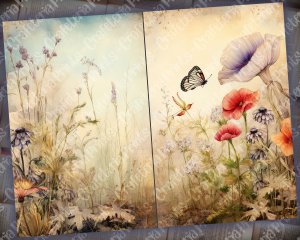 17 pages of Meadow and Wild Flowers shabby chic ephemera background double pages scrapbook paper - perfect for invitations, digital planners