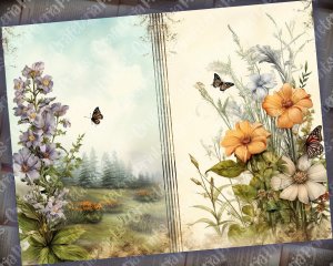 17 pages of Meadow and Wild Flowers shabby chic ephemera background double pages scrapbook paper - perfect for invitations, digital planners