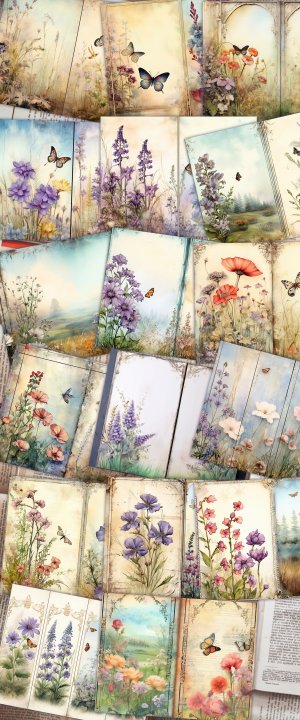 17 pages of Meadow and Wild Flowers shabby chic ephemera background double pages scrapbook paper - perfect for invitations, digital planners