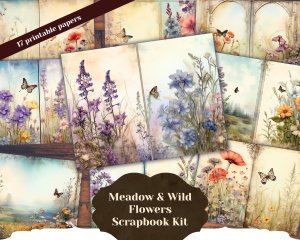 17 pages of Meadow and Wild Flowers shabby chic ephemera background double pages scrapbook paper - perfect for invitations, digital planners