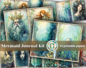 23 papers | Mermaid Watercolor Scrapbooking Paper Set, Vintage Shabby Chic Junk Journaling Kit, Printable Antique Pages, Soft Neutral Vibes