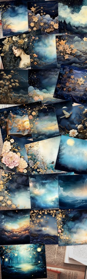 Midnight Beauty Background for Junk Journal, Celestial Digital Paper, Printable Sky Background, Shabby Chic Ephemera, Invitations, Planners