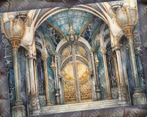 Junk Journal Page Artbook Illustration by Stefan in the Mist, Ornate Interiors Style, Realistic Anamorphic Art, Contoured Shading